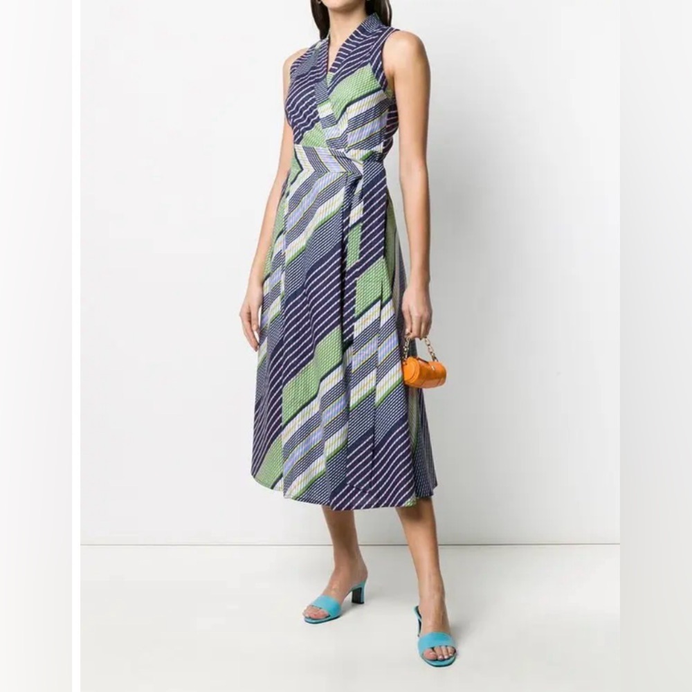 Tory Burch Navy, Light Green & White Geometric Midi Dress